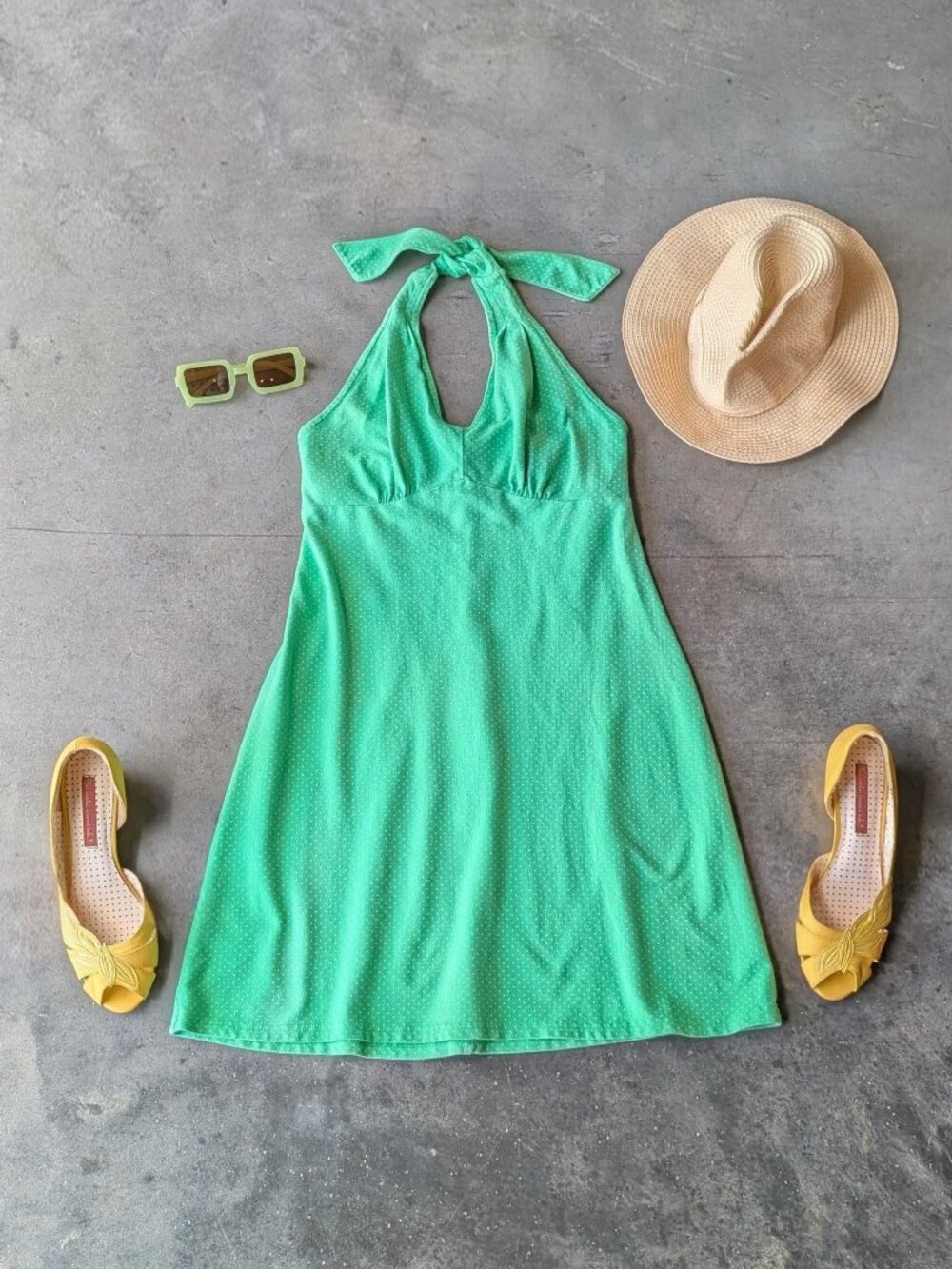 Vintage Talbots Petites Green Polka Dot Halter Dress Y2K 2000s Mini Dress